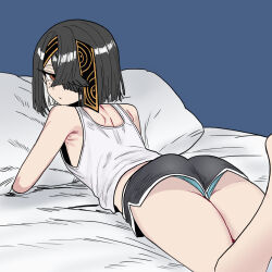 1girl ass bare_shoulders bed black_hair black_shorts blue_background blue_panties breasts dolphin_shorts fate/grand_order fate_(series) hair_over_one_eye hmzeus looking_at_viewer lying mole mole_under_eye on_bed on_stomach panties panty_peek pillow shirt short_hair shorts sleeveless sleeveless_shirt small_breasts solo underwear white_shirt xu_fu_(fate)