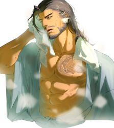 Rule 34 | 1boy, ahoge, bara, bare pectorals, beard, black hair, cropped torso, facial hair, full beard, hair down, hanzo (overwatch), head tilt, highres, japanese clothes, kimono, large pectorals, long hair, looking at viewer, male focus, mature male, muscular, muscular male, mustache, open clothes, open kimono, overwatch, pectorals, pencil mustache, ponytail, solo, steam, titanium886, towel, tsurime, wet, wiping face