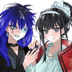 2girls black_hair blue_eyes blue_hair blue_nails blush collar collarbone earrings eyepatch face_piercing fingernails genderswap genderswap_(mtf) grey_eyes jewelry lip_piercing long_hair magadori_kyoshika matching_hair/eyes messy_hair multiple_girls nail_polish necklace omokage_yugamu one_eye_covered pearl_necklace piercing ponytail simple_background the_hundred_line_-last_defense_academy- white_background