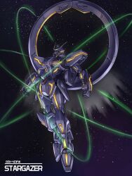 absurdres character_name clenched_hands commentary english_commentary full_body green_eyes gundam gundam_seed gundam_seed_c.e._73:_stargazer gundam_stargazer highres jellen_squish light_particles mecha mecha_focus mobile_suit no_humans robot science_fiction solo v-fin