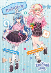 Rule 34 | 2girls, absurdres, ahoge, artist request, bag, black skirt, blonde hair, blue background, blue hair, blue nails, bow, bow skirt, braid, brown shoes, carrot hair ornament, character name, commentary request, copyright name, copyright notice, cross-laced clothes, cross-laced skirt, crossed bangs, crossed legs, double bun, elf, fang, food, food-themed hair ornament, frilled skirt, frilled sleeves, frilled thighhighs, frills, fruit, full body, gradient background, gradient hair, green eyes, grid background, hair bun, hair ornament, hair ribbon, half up half down braid, hands up, heart, heart ahoge, heart hair ornament, highres, hololive, knee up, loafers, long hair, long sleeves, looking at viewer, loose socks, momosuzu nene, multicolored hair, multiple girls, nail polish, nekko (momosuzu nene), official alternate costume, official art, one eye closed, open mouth, orange nails, outline, peach, pink bag, pink hair, pink ribbon, pink shirt, pink skirt, plaid clothes, plaid skirt, pleated skirt, pointy ears, polka dot sleeves, pom pom footwear, ribbon, shirt, shirt tucked in, shoes, shoulder bag, skirt, skirt hold, smile, snowman, socks, standing, standing on one leg, teeth, thighhighs, two-tone skirt, two side up, upper teeth only, virtual youtuber, white outline, white socks, white thighhighs, yellow eyes, yukihana lamy