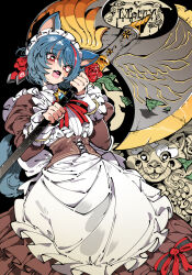 1girl animal_ears apron axe blue_hair breasts brooch cat_ears cat_tail center_frills flower frills hands_up heart heart-shaped_pupils heart_in_mouth holding holding_axe holding_weapon jewelry kafun looking_at_viewer maid maid_apron maid_headdress original raised_inner_eyebrows red_flower red_rose rose short_hair symbol-shaped_pupils tail weapon