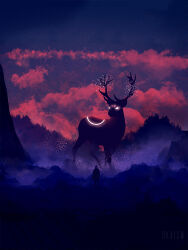 2others antlers back_tattoo black_cloak cloak deer dim_lighting dkaism forest glowing glowing_eyes horns light_particles limited_palette multiple_others nature night original painterly red_clouds silhouette standing tattoo