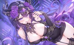 1girl absurdres alllisso asymmetrical_legwear bare_shoulders black_boots black_dress black_hair black_horns black_nails black_sleeves black_thighhighs body_jewelry boots breasts broken_horn chain cleavage commentary covered_navel cowboy_shot detached_sleeves double-parted_bangs dress dutch_angle english_commentary flower garter_straps gold_chain gradient_hair hair_between_eyes hair_flower hair_ornament halter_dress halterneck hand_up head_chain highres horns indie_virtual_youtuber jewelry large_breasts light_blush long_hair looking_at_viewer mismatched_legwear multicolored_hair purple_flower purple_hair purple_overskirt second-party_source short_dress single_garter_strap single_thigh_boot single_thighhigh smile solo thigh_boots thighhighs unjaded_(vtuber) very_long_hair virtual_youtuber