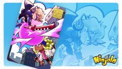1boy 1girl aqua_background aqua_eyes battle bike_shorts black_pants black_shirt blonde_hair blowing_bubble_gum blue-framed_eyewear blue_coat blue_eyes blue_hairband blue_pupils blue_sky blue_sleeves border building burton_(ninjala) capri_pants card character_background chewing_gum child city closed_mouth cloud coat collared_jacket collared_shirt commentary copyright_name copyright_notice dark-skinned_female dark_skin day double_vertical_stripe dreadlocks emma_(ninjala) english_commentary english_text eyelashes flat_chest fluffy_hair frown fur-trimmed_jacket fur_trim gameplay_mechanics green_hair gungho hairband half_updo headphones holding ippon_katana_(ninjala) jacket kinky_hair legs_apart logo long_hair long_shirt long_sidelocks long_sleeves looking_at_another mandarin_collar multicolored_hair ninjala o-ring official_art open_clothes open_jacket orange_shoes outdoors outline pants pink_shirt print_sleeves profile projected_inset puffy_long_sleeves puffy_sleeves purple_outline rianti-wong second-party_source semi-rimless_eyewear shirt shoes short_hair shuriken sidelocks sideways_mouth sky sneakers solo streaked_hair striped_clothes striped_sleeves unzipped v-shaped_eyebrows vertical-striped_clothes vertical-striped_sleeves weapon white_border white_sleeve_cuffs window yellow_shoes zipper