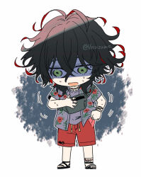 Rule 34 | 1boy, anklet, aura, black hair, blurry eyes, bracelet, colored inner hair, crying, crying with eyes open, curly hair, dante alighieri (fate), dante alighieri (summer inferno) fate, dark aura, deformed, facing viewer, fanny pack, fate/grand order, fate (series), full body, grey eyes, grey shirt, hair between eyes, hawaiian shirt, jewelry, looking at object, looking down, male focus, medium hair, multicolored hair, necklace, open mouth, panicking, red hair, red swim trunks, sandals, shirt, simple background, solo, somemiya suzume, standing, tears, two-tone hair, white background