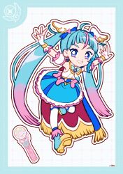 Rule 34 | 1girl, ahoge, aqua bow, aqua bowtie, bare shoulders, blue boots, blue border, blue bow, blue cape, blue eyes, blue hair, blue skirt, blunt bangs, boots, border, bow, bow skirt, bowtie, bracelet, bright pupils, brooch, buttons, cape, circle skirt, collared shirt, cure sky, deformed, detached sleeves, dot nose, dotted line, earrings, eyelashes, fingerless gloves, frilled skirt, frilled sleeves, frills, fringe trim, full body, gloves, gold bracelet, gradient hair, grid background, grin, hair bow, hair ornament, happy, heart, heart hair ornament, heart print, high-waist skirt, high collar, high heel boots, high heels, highres, hirogaru sky! precure, jewelry, knee up, lace, lace-trimmed skirt, lace trim, leaning forward, long hair, looking at viewer, magical girl, microphone, miniskirt, multicolored hair, necktie, outline, outstretched arms, pink bow, pink hair, precure, puffy short sleeves, puffy sleeves, red cape, running, shirt, short sleeves, side cape, signature, skirt, sleeveless, sleeveless shirt, smile, solo, sora harewataru, sphere earrings, streaked hair, tareme, thighhighs, twintails, two-sided cape, two-sided fabric, two-tone hair, uwded 207, very long hair, white background, white gloves, white necktie, white outline, white pupils, white shirt, white sleeves, white thighhighs, wing hair ornament