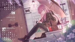 1girl ahoge artist_name black_capelet black_jacket black_shoes black_thighhighs blue_eyes capelet commission door flower highres holding holding_umbrella houki_(majo_no_tabitabi) jacket lantern long_hair majo_no_tabitabi pink_hair rain red_skirt shoes sitting skirt solo stairs thighhighs umbrella umehara_sei watermark white_flower