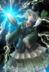 1girl adapted_costume black_hat blue_bow blue_bowtie blush bow bowtie closed_mouth commentary_request daikon dress frilled_dress frills green_dress green_eyes green_hair hat highres holding kyabekko lightning looking_at_viewer ofuda radish short_hair smile soga_no_tojiko tate_eboshi touhou yatteyan&#039;yo