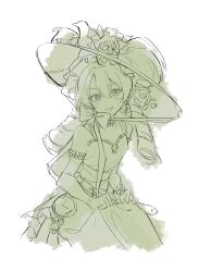 1girl absurdres bare_shoulders chin_strap clock dress drill_hair earrings elbow_gloves flower gloves green_theme grin hat hat_feather hat_flower highres iris769675331 jewelry long_hair looking_at_viewer low_twintails monochrome necklace pearl_necklace picture_hat reverse:1999 sketch sleeveless sleeveless_dress smile solo sotheby twin_drills twintails upper_body white_background