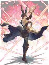 1boy animal_ears artist_name bare_shoulders black_boots black_hair blue_eyes boots chakram dated detached_sleeves earrings final_fantasy final_fantasy_xiv highres holding holding_weapon jewelry looking_at_viewer rabbit_ears rabbit_girl red_hair shirt shukei signature single_earring sleeveless sleeveless_shirt solo viera warrior_of_light_(ff14) weapon