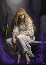1boy absurdres barefoot blonde_hair closed_eyes elden_ring elden_ring:_shadow_of_the_erdtree gold_trim golden_cross_(elden_ring) head_down highres iohannesescobar long_hair miquella_(elden_ring) signature sitting sleeveless_tunic solo tombstone tunic wavy_hair white_tunic