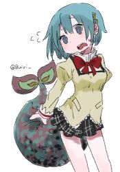 blue_eyes blue_hair bow bowtie buivi fins fish_tail long_hair mahou_shoujo_madoka_magica medium_hair miki_sayaka miniskirt mitakihara_school_uniform red_bow red_bowtie school_uniform shirt skirt surprised tail white_shirt