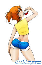 blue_eyes highres jago_dibuja looking_at_viewer looking_back misty_(pokemon) nintendo orange_hair pokeball_model pokemon pokemon_(anime) pokemon_(classic_anime) ponytail shirt short_hair shorts side_ponytail t-shirt yellow_shirt