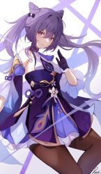 1girl absurdres bare_shoulders breasts brown_pantyhose chinese_clothes cone_hair_bun cowboy_shot detached_sleeves double_bun dress genshin_impact gloves hair_between_eyes hair_bun head_tilt highres keqing_(genshin_impact) long_hair looking_at_viewer medium_breasts neck_tassel pantyhose pisuke_(user_kcmh2774) purple_dress purple_eyes purple_gloves purple_hair solo tassel twintails v-shaped_eyebrows white_background