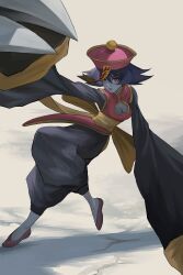 Rule 34 | 1girl, absurdres, black pants, blue hair, blue skin, breasts, cleavage, cleavage cutout, clothing cutout, colored skin, darkstalkers, dress, full body, hat, highres, hsien-ko, hyakka (momokashinryu14), long sleeves, pants, pink dress, pink hat, solo, wide sleeves