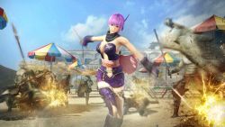 1girl 3d anklet ayane_(doa) bare_shoulders breasts headband japanese_clothes jewelry large_breasts purple_hair ribbon scarf sengoku_musou sengoku_musou_2 sword underboob weapon