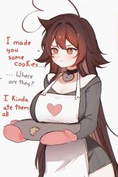 1girl ahoge apron black_choker blush breasts bright_pupils brown_hair chocolate_chip_cookie choker cleavage closed_mouth cookie embarrassed english_text eyebrows_hidden_by_hair food grey_shirt hazel_eyes heart heart-shaped_pupils heart_ahoge highres huge_ahoge indie_virtual_youtuber large_breasts long_bangs long_hair long_sleeves looking_to_the_side oven_mitts pout shirt sky_above_me sky_above_me_(vtuber) solo spiked_hair standing symbol-shaped_pupils very_long_hair virtual_youtuber white_apron white_background white_pupils