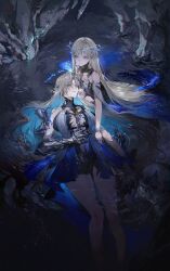 2girls absurdres armored_gloves bare_legs bare_shoulders black_collar black_dress blue_eyes blue_hair breasts cartethyia_(wuthering_waves) collar colored_inner_hair commentary crown_of_thorns dress dual_persona earrings hand_on_own_stomach highres horns huge_breasts jewelry legs long_hair multicolored_hair multiple_girls necklace parted_lips partially_submerged pointy_ears secretfj520 single_horn tabard tacet_discord_(wuthering_waves) tacet_mark_(wuthering_waves) very_long_hair water white_tabard wuthering_waves yellow_horns