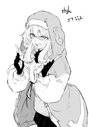 1boy arms_up bridget_(guilty_gear) eyelashes greyscale guilty_gear guilty_gear_strive highres hood hooded_jacket index_finger_raised jacket long_hair male_focus monochrome open_mouth simple_background smile solo translation_request trap white_background yakehanateru