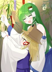 2girls bamboo blonde_hair blue_skirt blush brown_hat chimi_(s2yuyukos2) closed_eyes commentary detached_sleeves frog_hair_ornament green_hair hair_ornament hair_ribbon hair_tubes hat highres holding holding_tanzaku kochiya_sanae long_hair long_sleeves moriya_suwako multiple_girls open_mouth pout purple_skirt purple_vest red_ribbon ribbon single_hair_tube skirt skirt_set smile snake_hair_ornament tanabata tanzaku touhou tress_ribbon very_long_hair vest wide_sleeves