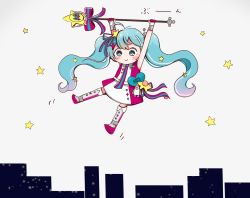 1girl :&gt; ahoge aqua_hair arms_up blush chibi cityscape dress future_eve_(vocaloid) gradient_hair hair_ornament hair_ribbon hanging hatsune_miku heart highres long_hair looking_down magical_mirai_(vocaloid) magical_mirai_miku magical_mirai_miku_(2022) microphone_wand multicolored_hair pink_dress pink_hair pink_ribbon ribbon rocket sleeveless sleeveless_dress smile solo star_(sky) star_(symbol) star_hair_ornament striped_ribbon thighhighs twintails very_long_hair vocaloid zuu100lev