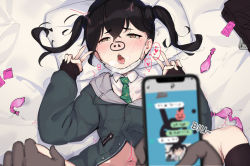 1boy 1girl brown_eyes brown_hair caisan condom condom_wrapper double_v hetero idolmaster idolmaster_cinderella_girls lying navel on_back on_bed phone sex stomach_bulge sunazuka_akira used_condom v