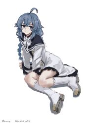 1girl absurdres ahoge ankle_boots blue_eyes blue_hair boots bow bowtie braid dress frilled_dress frills highres long_hair looking_to_the_side mushoku_tensei pamo roxy_migurdia sitting solo very_long_hair white_background white_boots white_bow white_bowtie white_dress