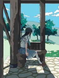 Rule 34 | 1girl, absurdres, bench, blue hair, blue neckerchief, blue sailor collar, blue skirt, blue sky, cloud, day, field, from side, hibike! euphonium, highres, jukaaa890, kitauji high school uniform, kneehighs, long hair, neckerchief, outdoors, pleated skirt, sailor collar, school uniform, serafuku, shirt, shoes, short sleeves, sitting, skirt, sky, socks, solo, tree, white shirt, white socks, yoroizuka mizore