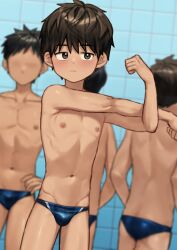 4boys armpits ass bare_legs black_hair blue_male_swimwear blush bulge child closed_mouth grey_eyes highres komorebi_(artist) male_focus male_swimwear multiple_boys muscular muscular_male navel nipples original pectorals bad_tag shota standing stretching swim_briefs tile_wall tiles toned toned_male topless_male