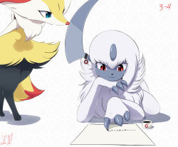 1girl :3 absol absurdres alternate_eye_color animal_hands animal_nose arms_behind_back artist_name black_fur blue_eyes body_fur braixen claws closed_mouth creatures_(company) dated eryz female_focus finger_writing flat_chest fluffy fox_girl fox_tail furry furry_female game_freak gen_3_pokemon gen_6_pokemon hand_up happy head_rest highres horn_ornament horns ink inkwell leaning_forward looking_at_another looking_down lying mega_stone nintendo on_side open_mouth paper pokemon pokemon_(creature) red_eyes short_hair signature simple_background smile snout standing tail white_background white_fur white_hair writing yellow_fur