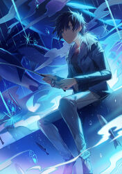1boy absurdres black_hair black_jacket black_shirt blue_eyes blue_theme closed_mouth commentary_request fishing fishing_rod from_behind full_body fur-trimmed_jacket fur_trim grey_pants grey_shoes hair_between_eyes highres holding holding_fishing_rod jacket male_focus night open_clothes open_jacket orca original pants shirt shoes short_hair sitting solo star_(sky) tsugutoku