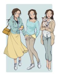 Rule 34 | 1girl, :d, ^ ^, animal, blue background, blue eyes, blue hoodie, blue sweater, border, brown bag, brown coat, brown hair, brown pants, cat, closed eyes, closed mouth, coat, collarbone, collared shirt, enomoto azusa, full body, grey pants, hand in pocket, heart, highres, holding, holding animal, holding cat, holding heart, hood, hood down, hoodie, long hair, long skirt, long sleeves, looking at viewer, meitantei conan, multiple views, open mouth, pants, sayaendou0426, shirt, shoes, skirt, smile, sneakers, standing, sweater, white border, white shirt, white shoes, yellow shirt
