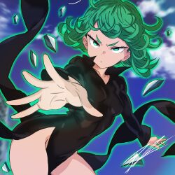 Rule 34 | 1am c3sar, 1girl, absurdres, black dress, blue sky, breasts, closed mouth, cloud, curly hair, day, dress, green eyes, green hair, groin, highres, looking at viewer, one-punch man, open hand, outdoors, outstretched arm, pelvic curtain, popped collar, short hair, sky, small breasts, solo, tatsumaki, telekinesis, v-shaped eyebrows