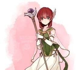1girl bob_cut breasts elbow_gloves fire_emblem fire_emblem:_the_blazing_blade gloves green_eyes highres holding holding_staff leather leather_gloves looking_at_viewer nintendo priscilla_(fire_emblem) red_hair sayu030b small_breasts solo staff white_gloves winged_hair_ornament