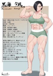 1girl 2024 abs absurdres artist_name asymmetrical_hair biceps black_hair bra breasts character_name character_profile cleavage closed_mouth collarbone commentary covered_erect_nipples feet female_focus flexing full_body gradient_background green_bra green_eyes green_shorts green_sports_bra hair_over_one_eye hand_on_own_hip highres japanese_text kureshi_(hannzi) large_breasts looking_at_viewer mature_female midriff muscular muscular_female muscular_legs original red_lips shiny_skin short_hair shorts simple_background solo sports_bra standing thick_thighs thighs toned toned_female underwear white_trim yunagi_kuroumi_(kureshi)