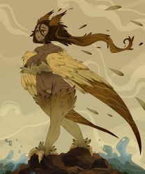 1girl absurdres bird_tail body_markings breasts brown_eyes brown_feathers brown_hair choker commentary dark-skinned_female dark_skin english_commentary feather_hair feathered_wings feathers gradient_hair harpy highres inverted_nipples large_breasts lefantis1 long_hair monster_girl multicolored_hair navel nipples original rock solo spiral standing tail talons very_long_hair water waves wide_hips winged_arms wings yellow_feathers