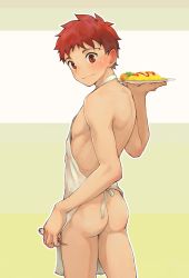 Rule 34 | 1boy, apron, ass, beitemian, blush, cowboy shot, emiya-san chi no kyou no gohan, emiya shirou, fate/stay night, fate (series), food, from behind, green background, highres, looking at viewer, looking back, male focus, naked apron, omelet, omurice, orange eyes, orange hair, plate, simple background, solo, spoon, striped background, sweatdrop