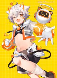 1boy animal_ears black_shirt black_shorts crop_top drone facial_mark fox_ears gloves grey_hair highres hood hooded_jacket jacket male_focus memo_haco midriff multicolored_hair navel one_eye_closed orange_eyes original robot shirt shoes short_hair shorts solo stomach white_gloves white_hair white_hood yellow_background