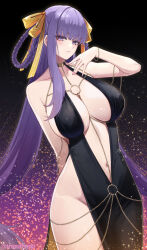 1girl arm_behind_back arm_up bb_(fate) bb_dubai_(fate) black_background black_dress bracelet breasts chain cleavage closed_mouth dress fate/grand_order fate_(series) gold_bracelet gold_chain hair_ribbon highres ironatsuki jewelry large_breasts light_particles long_hair looking_at_viewer navel pink_nails plunging_neckline purple_eyes purple_hair ribbon side_slit solo very_long_hair yellow_ribbon