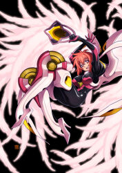 1girl akihabara_dennou_gumi aphrodite_(akihabara_dennou_gumi) armor bodysuit breasts feathers full_body hanakoganei_hibari helmet kotobuki_tsukasa large_breasts looking_at_viewer open_mouth power_armor red_hair revision short_hair skin_tight smile solo wings