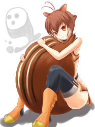 Rule 34 | animal ears, antenna hair, arakune, bad id, bad pixiv id, banana (hirane1988), black thighhighs, blazblue, brown hair, crop top, highleg, highleg panties, holding, makoto nanaya, microskirt, multicolored hair, orange eyes, orange skirt, panties, revealing clothes, short hair, side slit, sitting, skirt, smile, solo, squirrel ears, squirrel tail, tail, thighhighs, two-tone hair, underwear, white background