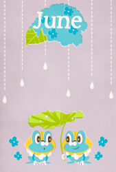 Rule 34 | animal focus, black eyes, blue flower, ekm, flower, froakie, full body, gen 6 pokemon, hydrangea, june, leaf, leaf umbrella, nintendo, no humans, open mouth, pokemon, pokemon (creature), purple background, rain, simple background, water drop