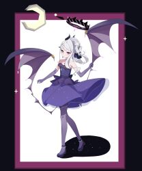 1girl absurdres anklet bead_necklace beads black_border black_halo black_horns blue_archive blue_gemstone border bow closed_eyes cocktail_dress crescent demon_girl demon_horns demon_wings dress e_li_(77864296) earrings elbow_gloves flat_chest formal_clothes frilled_dress frills full_body gem gloves grabbing_own_wings hair_between_eyes hair_bow hair_over_shoulder halo high_heels high_ponytail highres hina_(blue_archive) hina_(dress)_(blue_archive) horns jewelry long_hair low_wings moon_print multiple_horns necklace off_shoulder official_alternate_costume official_alternate_hairstyle outside_border pantyhose parted_bangs pendant ponytail purple_border purple_bow purple_dress purple_eyes purple_gloves purple_pantyhose purple_shoes purple_wings shoes silver_necklace solo star_(symbol) star_print strapless strapless_dress walking white_hair wings