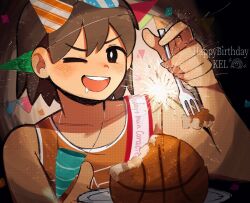 1boy black_eyes bright_pupils brown_hair cake collarbone confetti dark-skinned_male dark_skin drooling fireworks food fork happy_birthday hat holding holding_fork holding_plate kel_(faraway)_(omori) kel_(omori) looking_at_viewer male_focus omori one_eye_closed open_mouth party_hat pasuta928008 plate short_hair solo sparkler teeth upper_teeth_only white_pupils