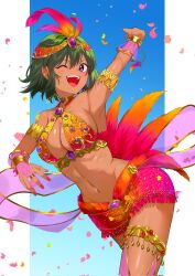 1girl ;d arm_up armpits bare_shoulders bikini bikini_top_only blush bracelet breasts carnival cleavage dancer dark-skinned_female dark_skin feathers fujisaki_subaru fur-trimmed_skirt fur_trim gold_thighlet green_hair headpiece highres idolmaster idolmaster_cinderella_girls idolmaster_cinderella_girls_starlight_stage jewelry large_breasts looking_at_viewer natalia_(idolmaster) navel one_eye_closed open_mouth purple_eyes red_nails red_skirt revealing_clothes samba short_hair skirt smile solo swimsuit