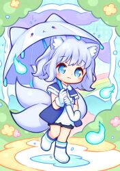 1girl :3 absurdres aikei_ake animal_ears asymmetrical_footwear black_shorts blue_dress blue_eyes blush boots brown_flower chibi closed_mouth commission dress flower fox_ears fox_girl fox_tail full_body grey_hair grey_umbrella highres hitodama holding holding_umbrella kitsune looking_at_viewer mismatched_footwear original pink_flower puddle rain second-party_source shorts shorts_under_dress skeb_commission solo tail umbrella walking water white_boots white_dress