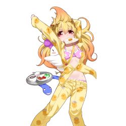 1girl animal_print arms_up bird blonde_hair bra bread bread_slice chick_print chicken egg egg_(food) female_focus food food_in_mouth fried_egg fried_egg_on_toast full_body highres kusaka_souji living_tail long_hair long_sleeves mouth_hold official_art open_clothes open_shirt orange_hair pajamas pajamas_pull red_eyes shirt sleeves_past_wrists snake snake_head_tail snake_tail solo tail toast toast_in_mouth transparent_background uchi_no_hime-sama_ga_ichiban_kawaii underwear