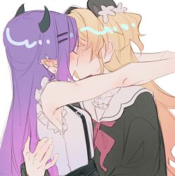 2girls absurdres arms_around_neck bare_arms black_shirt black_skirt blonde_hair blue_eyes blush commentary earclip english_commentary hand_on_another&#039;s_back highres hololive horns kiss legzy long_hair long_sleeves momosuzu_nene multiple_girls neckerchief pointy_ears purple_hair red_neckerchief sailor_collar school_uniform serafuku shirt simple_background skirt sleeveless sleeveless_shirt suspender_skirt suspenders tokoyami_towa virtual_youtuber white_background white_sailor_collar white_shirt yuri