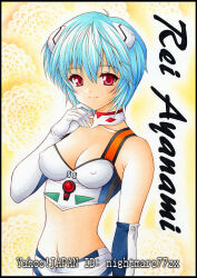 Rule 34 | 1girl, ayanami rei, bare shoulders, blue hair, bodysuit, breasts, cleavage, covered erect nipples, hair between eyes, interface headset (evangelion), looking at viewer, marker (medium), mecha pilot suit, medium breasts, midriff, navel, neon genesis evangelion, nightmare77zx, plugsuit (evangelion), race queen, red eyes, short hair, solo, traditional media